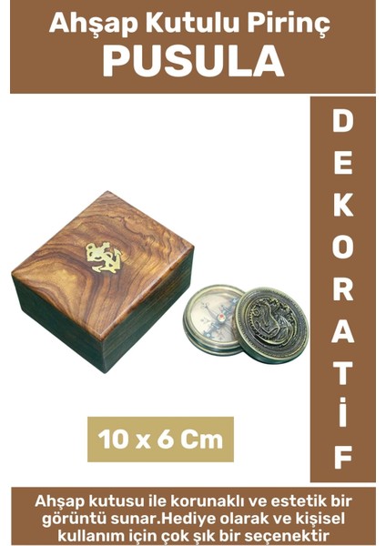 Premium Erkek Arkadaş Sevgili Baba Için Hediyelik Dekoratif Koleksiyon Ahşap Kutulu Pirinç Pusula