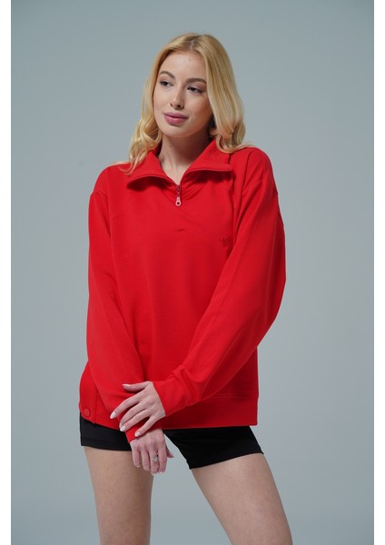 Daily Core - Kırmızı Oversize Yarım Fermuarlı Sweatshirt