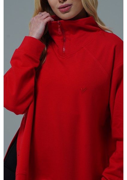 Daily Core - Kırmızı Oversize Yarım Fermuarlı Sweatshirt modelleri