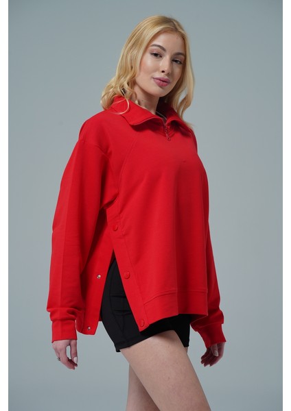 Daily Core - Kırmızı Oversize Yarım Fermuarlı Sweatshirt indirimleri