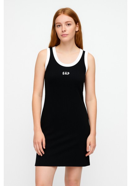 Kadın Siyah Logo Fitilli Tank Mini Elbise