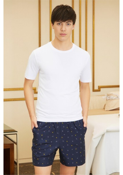 %100 Pamuk Erkek Şort Pijama Cepli Desenli Penye Esnek Rahat Kalıp Lastikli Terletmez Esnek Lacivert Ev Şortu Pijama Altı