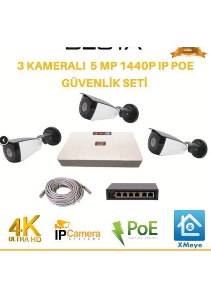 3 Kameralı 5mp 1440P Ip Poe Güvenlik Kamerası