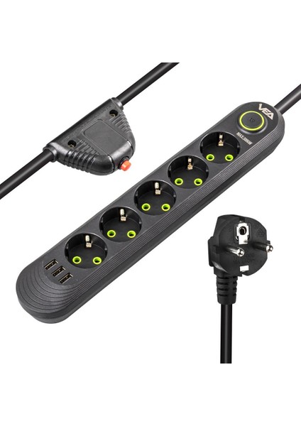 VA-21561 5'li 3 Usb'li 1.5 Metre Akım Korumalı Priz Siyah