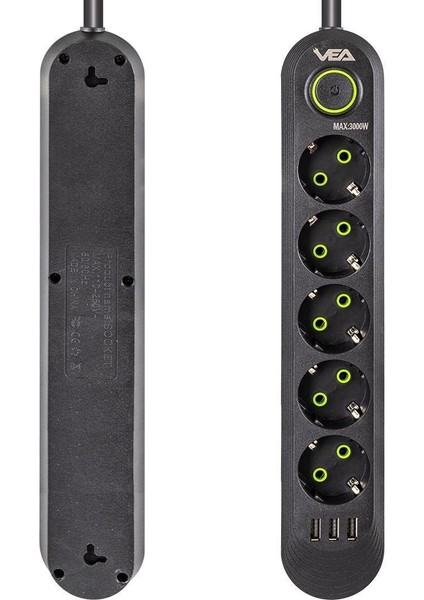 VA-21561 5'li 3 Usb'li 1.5 Metre Akım Korumalı Priz Siyah