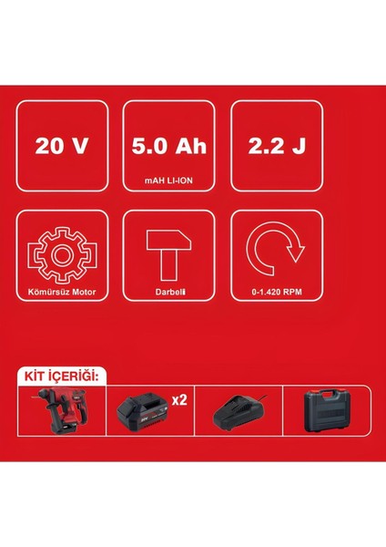 2 Pro-Atbl 18RH-502C Akülü Pnömatik Matkap 20V 2200 W Kablosuz Akülü 20 Volt 2 Yıl
