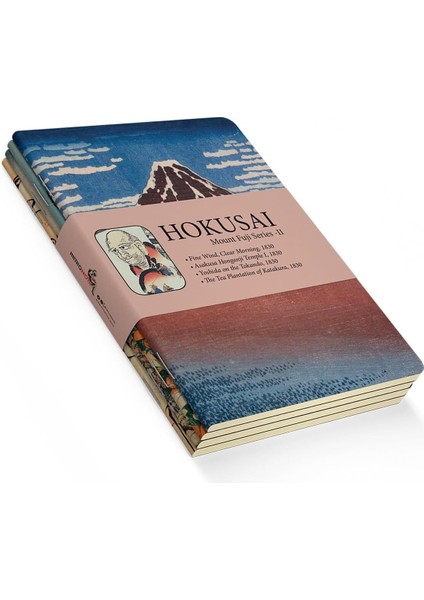 Mount Fuji Series Iı - A5, Hokusai 4'lü Defter Seti Iı, Çizgisiz, Toplam 256 Sayfa, Her Biri 64 Sayfa, Tel Dikiş, Esnek Kapak, Oval Kenar, Tuval Doku, 60 Gram, Sarı Krem Renk