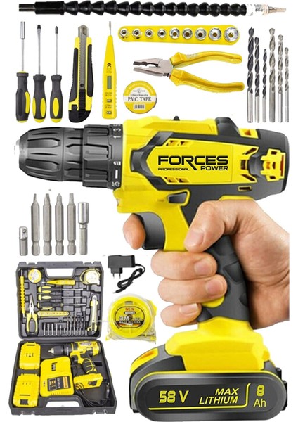 Germany Teknoloji Pro 58 W 8 Ah Metal Piston Çift Akülü Şarjlı Matkap 100 Parça Prof Set