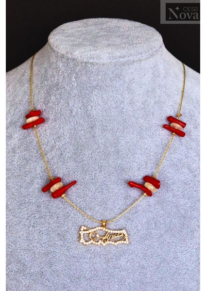 Sertifikalı Doğal Taş Mercan, Ay Taşlı Zirkon Taşlı Altın Kaplama Kararmaz K.atatürk Kolye