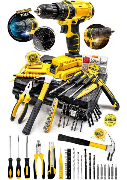 Yeni Nesil Tork Darbeli Lion Akülü Vidalama Matkap 100 Pcs Ultimate Pro Set