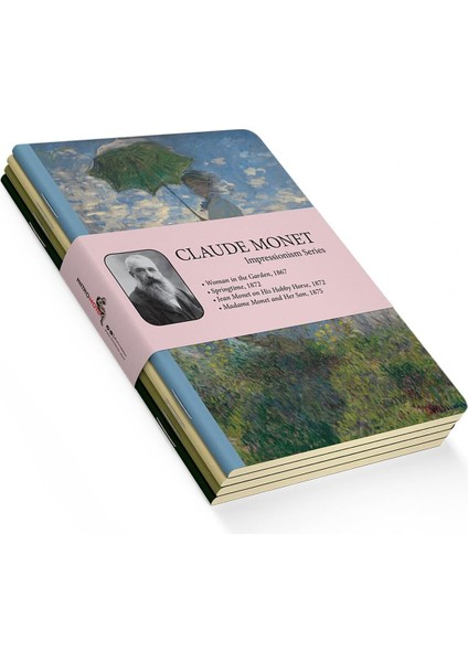 Impressionism Series - A6, Claude Monet 4'lü Defter Seti I, Çizgisiz, Toplam 192 Sayfa, Her Biri 48 Sayfa, Tel Dikiş, Esnek Kapak, Oval Kenar, Tuval Doku, 60 Gram, Sarı Krem Renk