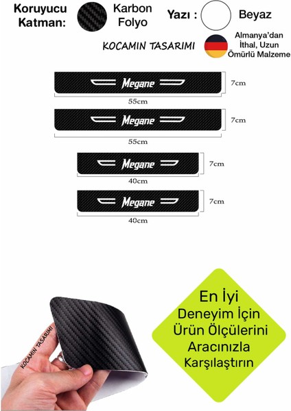 Renault Megane Siyah Karbon Kapı Koruma Yazılı Dekoratif Kapı Eşiği Beyaz Megane Yazılı 4 Parça Renault Megane Özel