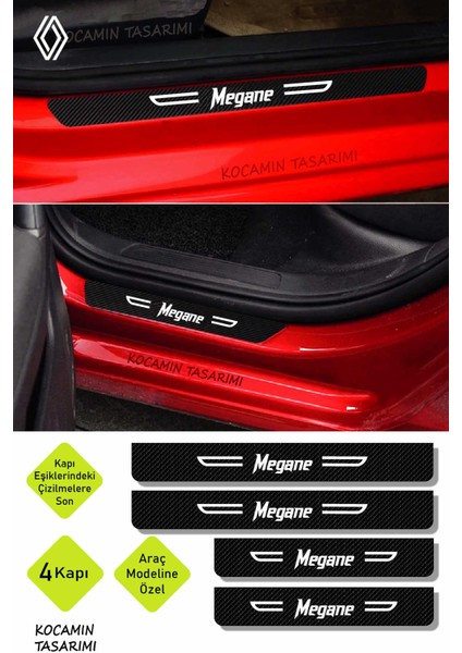 Renault Megane Siyah Karbon Kapı Koruma Yazılı Dekoratif Kapı Eşiği Beyaz Megane Yazılı 4 Parça Renault Megane Özel