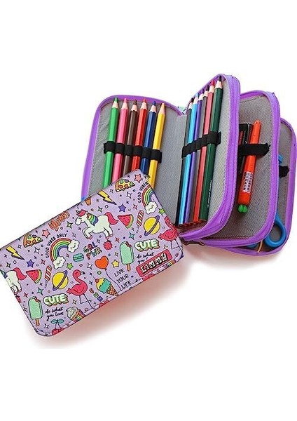 Kalem Kutusu Unicorn-Flamingo Kawai Organizer Kalemkutu Vegan Deri Üç Bölmeli Kalemlik -Mor