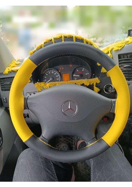 Dikişli Direksiyon Kılıfı Sarı Deri Siyah Deri Sarı Dikişli Mercedes Sprinter Tümsekli Direksiyon