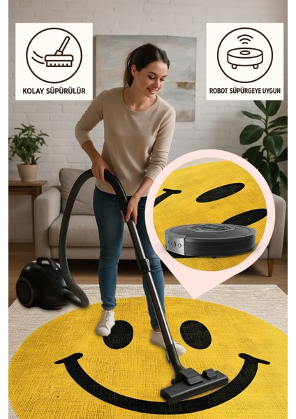 Sarı Smiley Yüz Desenli Halı, Modern ve Eğlenceli Tasarım, Genç Odası Için Neşeli Dokunuş