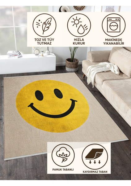 Sarı Smiley Yüz Desenli Halı, Modern ve Eğlenceli Tasarım, Genç Odası Için Neşeli Dokunuş