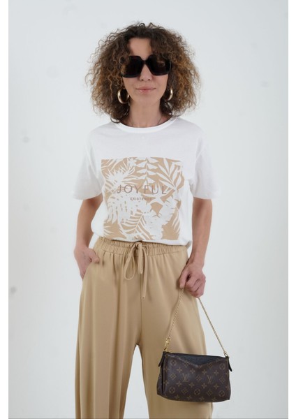 Ekru Bej Joyful Baskılı Tshirt