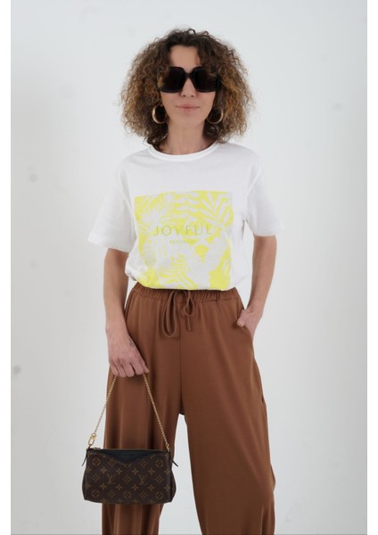 Ekru Sarı Joyful Baskılı Tshirt