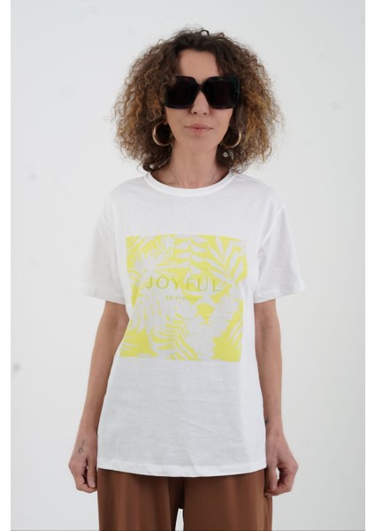 Ekru Sarı Joyful Baskılı Tshirt fırsatları