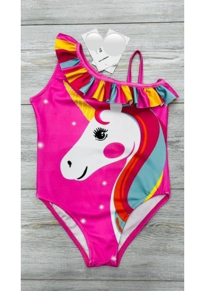 Pembe Zeminli Renkli Fırfırlı Tek Omuz Askılı Unicorn Baskılı Kız Çocuk Mayo – Yazlık Tatil ve Havuz Aktiviteleri Için Cıvıl Cıvıl Desenli Eğlenceli Yüzme Kıyafeti (2-8 Yaş Arası)