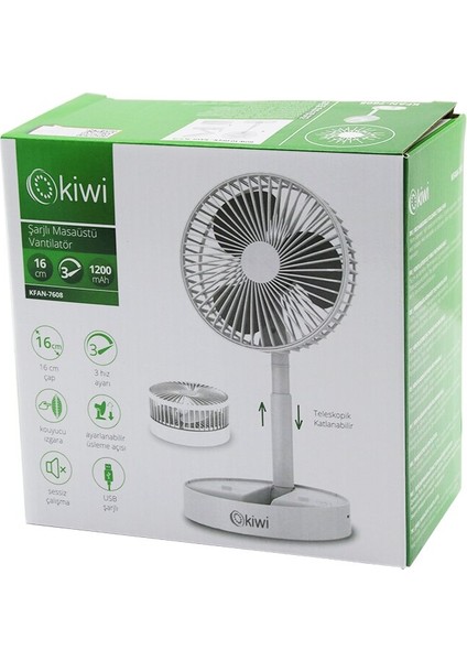 Kiwi KN-7608 Masa Üstü Vantilatör USB ŞARJLI16CM - 4.5WUZA-KISA- Açılı Akrobat Kollutelefonluklu3 Kademe Hız