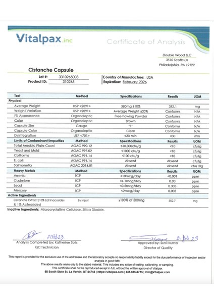 Cistanche Tubulosa Extract 500 mg Per Serving (120 Capsules).abd Menşei