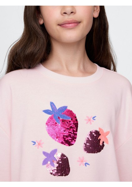 Kız Çocuk Pembe Pul Detaylı Grafik Sweatshirt
