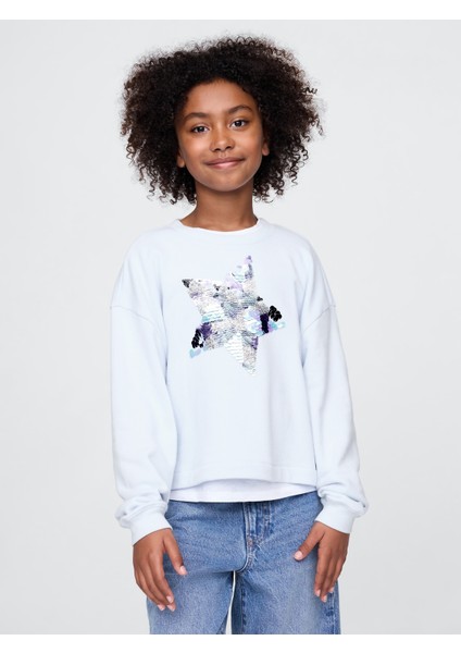 Kız Çocuk Mavi Pul Detaylı Grafik Sweatshirt
