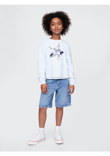 Kız Çocuk Mavi Pul Detaylı Grafik Sweatshirt modelleri
