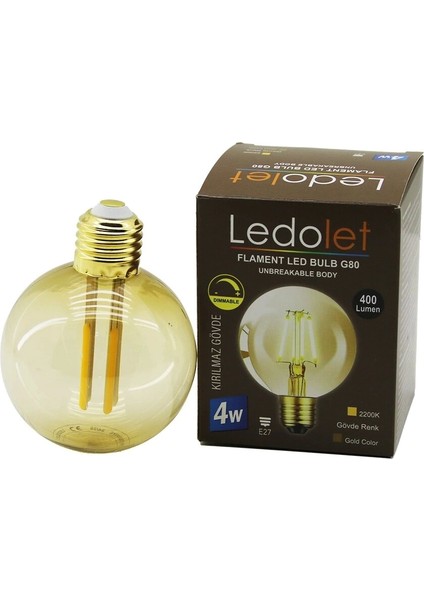 Ledolet G-95 4W - E27 Gold Color Flament Rustik Ampul 400LUMEN - 2200K Kırılmaz Gövde (5047)