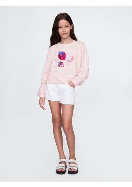 Kız Çocuk Pembe Pul Detaylı Grafik Sweatshirt