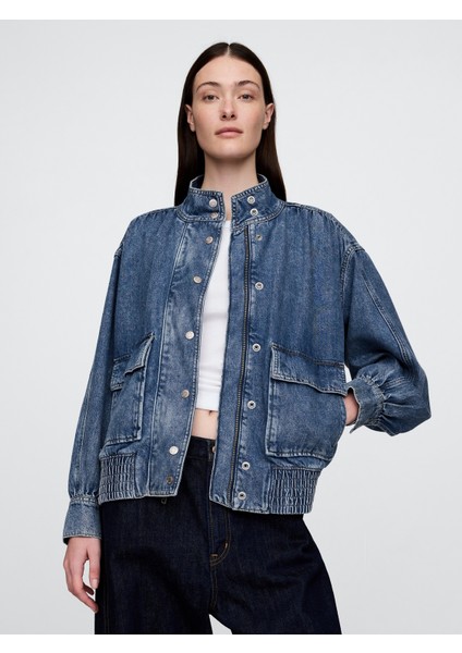 Kadın Mavi Ultrasoft Denim Bomber Ceket