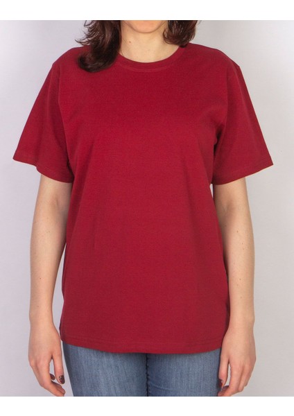 Ünisex Bordo Oversize Bisiklet Yaka Kısa kollu T-Shirt