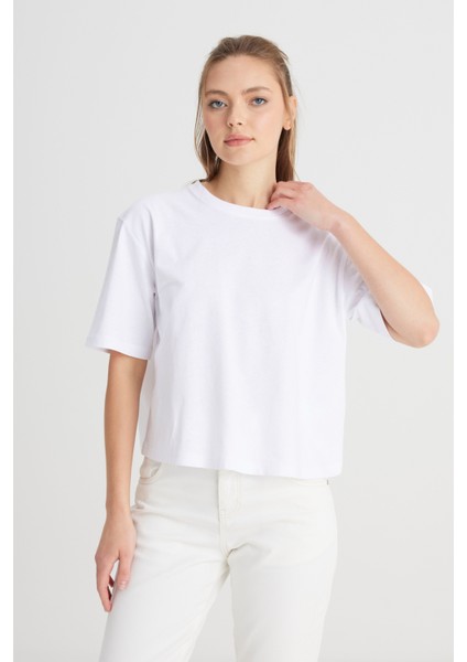 Beyaz Ünisex Oversize Bisiklet Yaka Penye Kısa kollu T-Shirt
