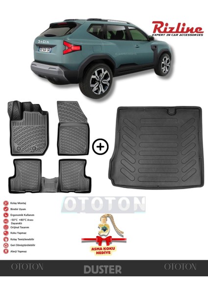 Dacia Duster 2023 Sonrası 4x2 3D Bagaj Havuzu ve Havuzlu Paspas+Asma Koku