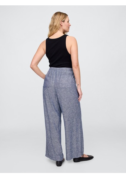 Kadın Mavi Mid Rise Keten Karışımlı Pull-On Wide-Leg Pantolon modelleri