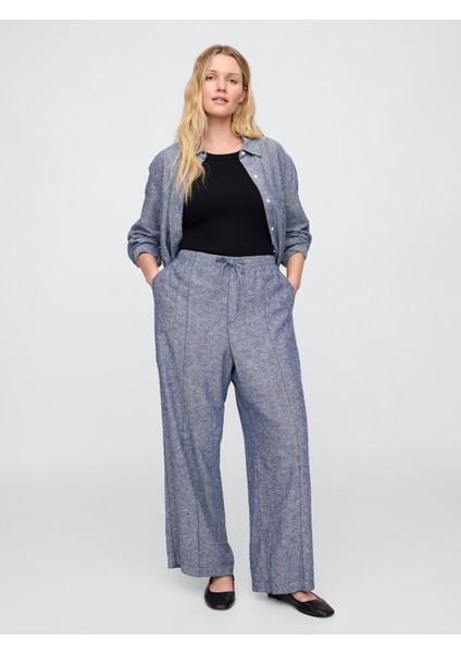 Kadın Mavi Mid Rise Keten Karışımlı Pull-On Wide-Leg Pantolon fırsatları