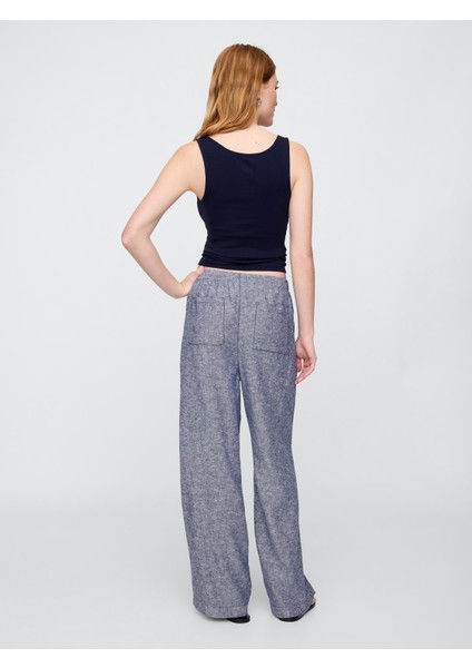 Kadın Mavi Mid Rise Keten Karışımlı Pull-On Wide-Leg Pantolon indirimleri