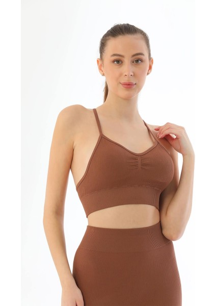 Kampanya Estevia Kahve Mi 3921 Soft Seamless Ripli Tayt Yoga Takımı Yeni!!!
