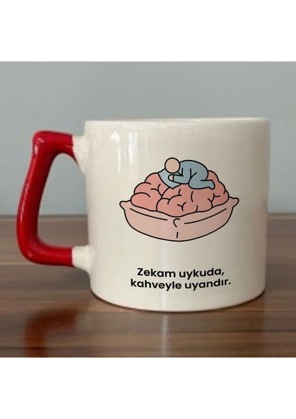 Zekam Uykuda, Kahveyle Uyandır. Yazılı Kırmızı Kulplu Kupa Bardak - Kahve Bardağı Dza37