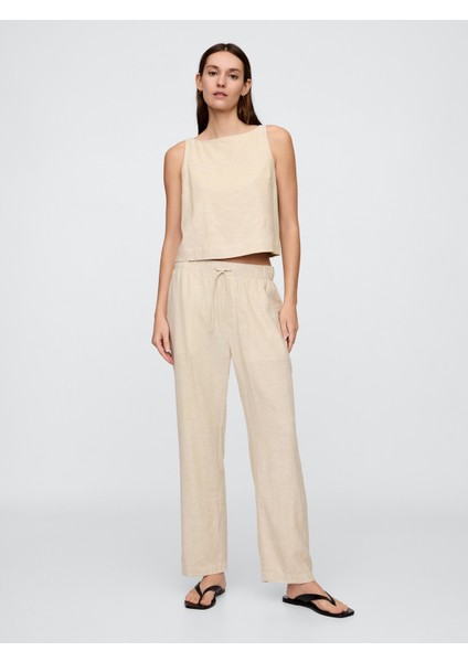 Kadın Bej Mid Rise Keten Karışımlı Pull-On Pantolon