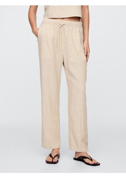 Kadın Bej Mid Rise Keten Karışımlı Pull-On Pantolon modelleri