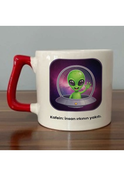 Kafein: Insan Irkının Yakıtı. Yazılı Kırmızı Kulplu Kupa Bardak - Kahve Bardağı Dza41