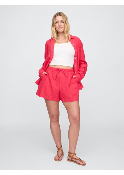 Kadın Kırmızı Bağcıklı Keten Karışımlı Şort fırsatları