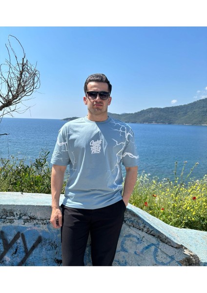Erkek Bisiklet Yaka Oversize Baskılı T-Shirt