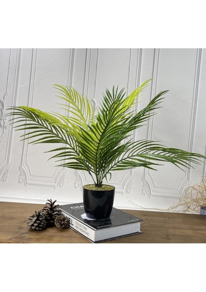 Yapay Çiçek Palmiye Siyah Plastik Saksılı Areka Yapay Bitki Salon Çiçeği 9 Yaprak 50 cm