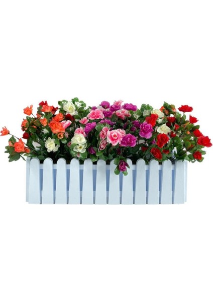 Yapay Çiçek Beyaz Çit Balkon Saksısı Renkli Açelya Çiçekli 55*20 cm