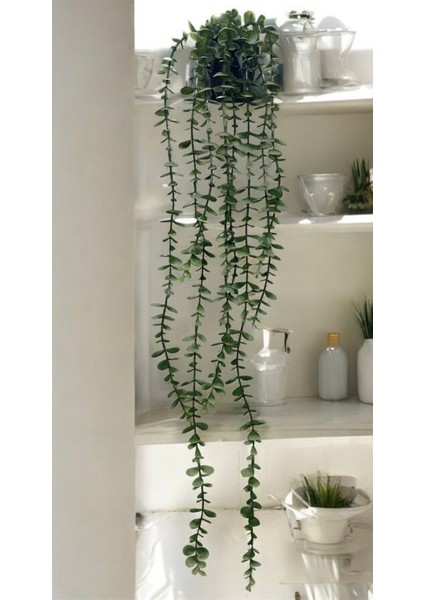 Yapay Çiçek Elmas Siyah Saksılı Pastel ve Yeşil Detaylı 80 cm Okaliptus Sarkıtı