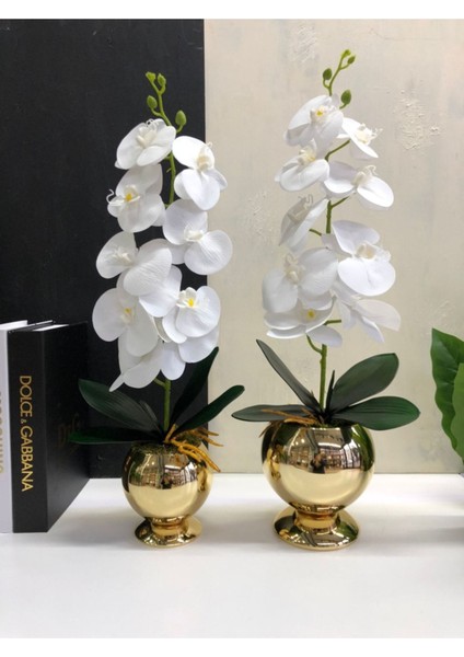 Yapay Islak Orkideli Metal Saksı & Vazo Küçük Gold modelleri